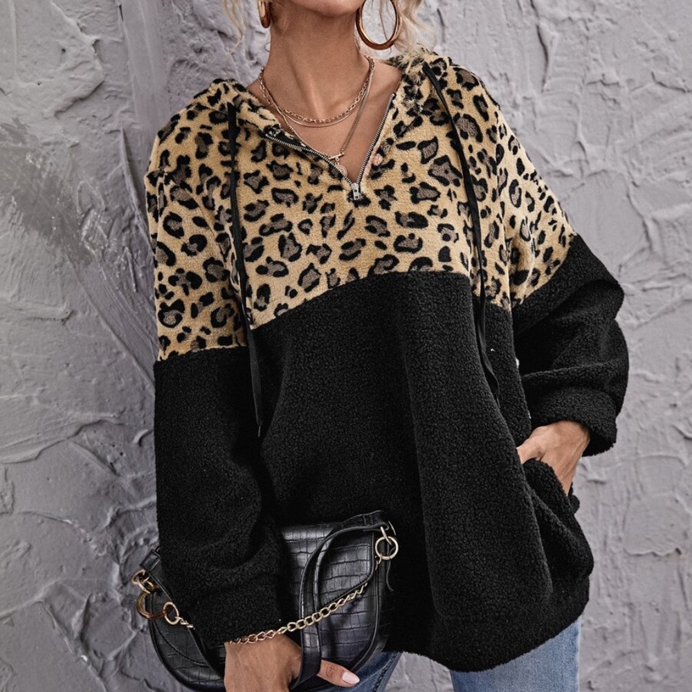 Leopard Print Black Zipper Teddy Hoodie Oversized